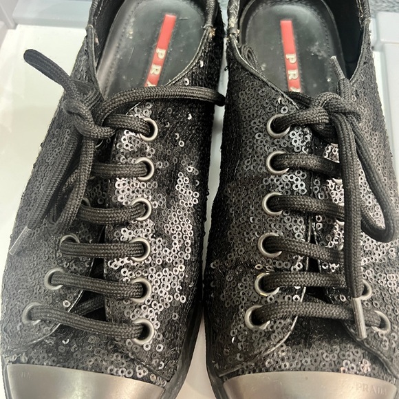 PRADA Black Sequin & Leather Metallic Cap Toe Fashion Sneakers Size 37 - Picture 6 of 6